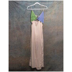 FORE Cutout Twist Top Split Leg Satin Slip Dress /Cream Green Periwinkle/ Large